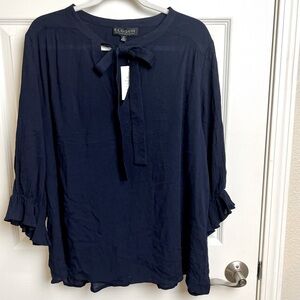 Eloquii navy blue crepe half sleeve blouse with bow close